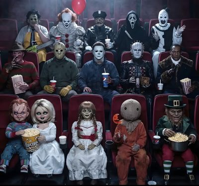 a group of people sitting in front of red chairs with clowns on their faces Halloween Movie Characters Scary Movies Characters, Scary Characters Horror Movies, Horror Movie People, dark slate gray