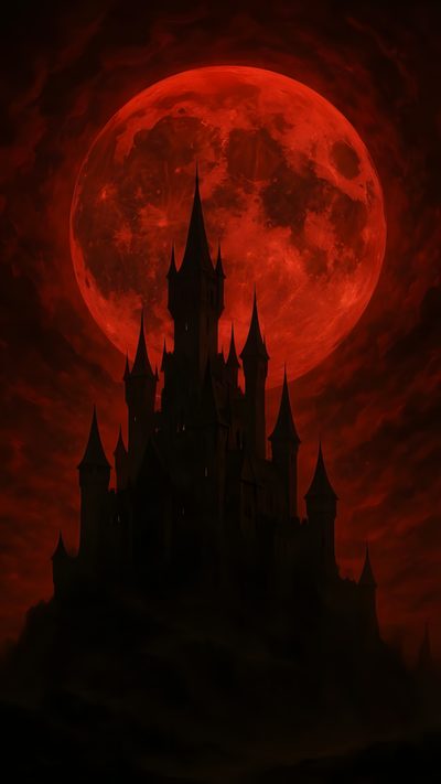 a red full moon over a castle on a hill Red Halloween Iphone Dark Red Fantasy Aesthetic, Red Kingdom, Evil Moon, Crimson Red Aesthetic, black