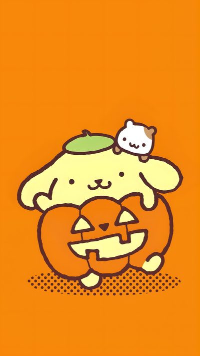 an orange background with a dog holding a pumpkin Pom Pom Purin Halloween Pompompurin Autumn, Pompompurin Thanksgiving, Pompompurin Halloween Background, dark orange