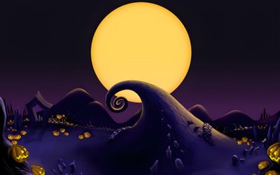 an animated halloween scene with pumpkins on the ground Halloween Town Nightmare Before Christmas Nightmare Before Christmas Sky, Nightmare Before Christmas Mountain, Nightmare Before Christmas Hills, black