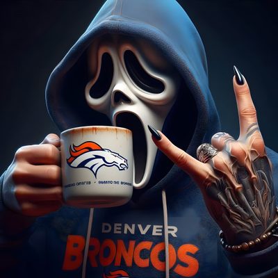 a person wearing a hoodie and holding a coffee mug in front of their face Broncos Halloween Broncos Pics, Broncos Emojis, Broncos Halloween, Denver Broncos Emoji, black