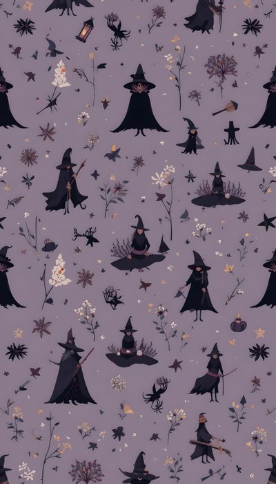 a purple background with witches and flowers Halloween Purple Witch Witch, Witchy Dark Academia Aesthetic, Witch Aesthetic Background, Witch Patterns, gray