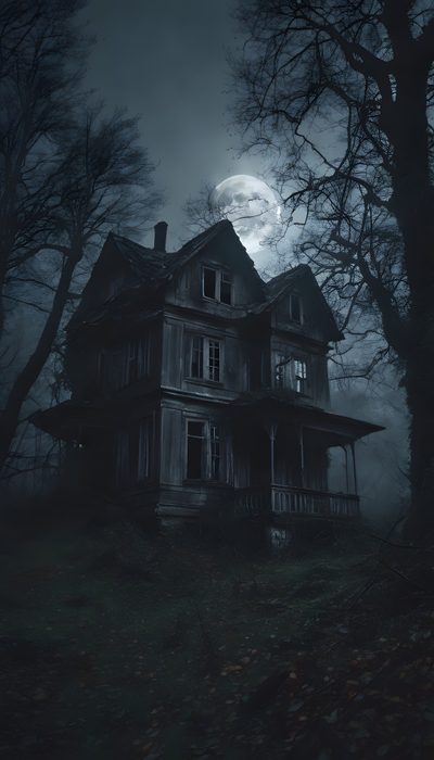 an old abandoned house in the woods at night with full moon behind it and trees Old Scary Horror Halloween Dark And Creepy, Eerie House, Haunted House, Scary House, dark slate gray