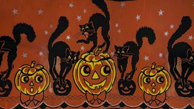 an orange wall with black cats and pumpkins painted on it Beistle Halloween Halloween Desktop, Vintage Halloween Art, Macbook Air, Halloween Folk Art, saddle brown