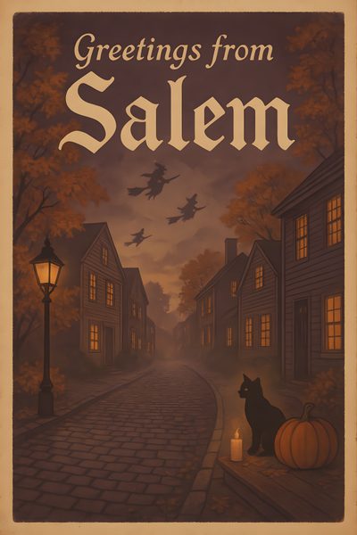 a poster advertising salem with a dog sitting on the street and pumpkins in front of it Salem Halloween Aesthetic Salem Massachusetts, Vintage Halloween Posters, Vintage Halloween Images, dark olive green