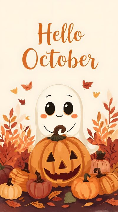 a hello october card with a ghost and pumpkins Halloween Hello October October Character, October, Hello October Aesthetic, Hello September Images, beige