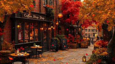an outdoor cafe with autumn leaves on the ground Autumn Halloween Desktop French Cafe Autumn Scene, Autumn Coffee Shop Ambience, Cozy Bookstore With Autumn Leaves, saddle brown