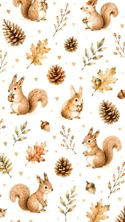 a watercolor painting of squirrels and pine cones Squirrel Halloween Cottagecore Style, Forest Animals, Autumn Cozy, Pine Cones, Autumn Leaves, snow
