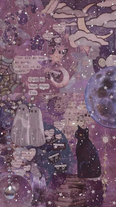 an artistic painting with cats and stars in the night sky, on purple paper background Purple Purple Edgy Aesthetic Halloween Purple Halloween, Purple Aesthetic Cute Halloween, Aesthetic Purple Witch, dim gray