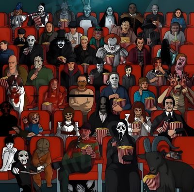 a painting of people sitting in a movie theater Halloween Movie Characters Cool Horror Movies, Famous Horror Movie Posters, Horror Tv Shows, dark slate gray