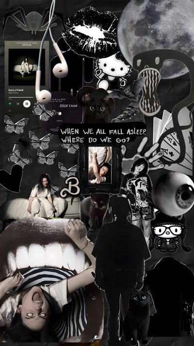 a collage of black and white images with cats, people, and other things Halloween Billie Eilish Billie Eilish Aesthetic, Blohsh Billie, Halloween, black
