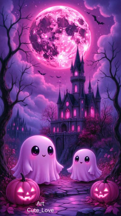 two halloween ghostes standing in front of a castle with a full moon behind them Pink And Purple Halloween Halloween Iphone Backgrounds, Halloween Cute, Purple Vibe, dark slate blue