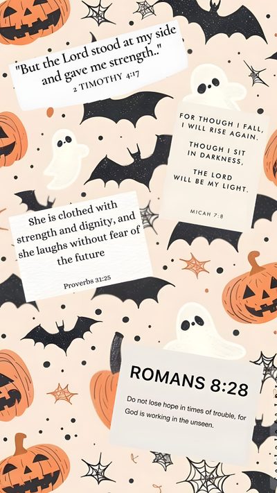 a bunch of halloween themed papers with some words on them and pumpkins in the background Cute Christian Halloween I Will Rise, Christian Halloween, Bible, Give Me Strength, antique white