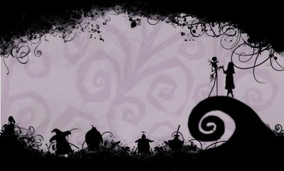 the silhouettes of people standing in front of a purple background with swirly designs Halloween Tim Burton Nightmare Before Christmas Laptop Backgrounds, Nightmare Before Christmas Computer, The Nightmare Before Christmas Computer, dark gray