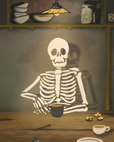 a skeleton sitting at a table with a cup of coffee in front of it, Funny Halloween Gif Animated Skeleton Art, Animated Skeleton, Fun Skeleton Animation Inspiration, dark olive green