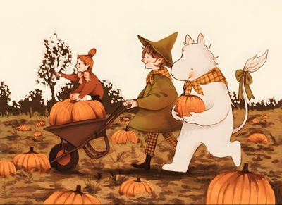 an image of two children in the pumpkin patch with a dog pulling a wheelbarrow Moomin Halloween Moomin Fall, Moomin Halloween, Moomin Autumn, Moomin Pumpkin, Pumpkin Patch Drawing, peru