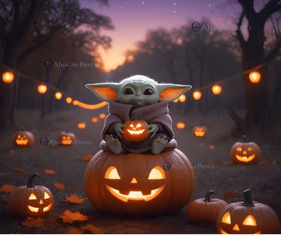 a baby yoda sitting on top of a pumpkin with jack - o'- lanterns in the background Baby Yoda Halloween Halloween Inspo, Yoda Ghost, Baby Yoda Halloween Gif, dark slate gray