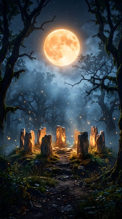 an image of a full moon in the night sky above some rocks and trees with fireflies on them Halloween Celtic Mystical Halloween, Art Therapy Projects, Mystic Illustration, Moon Magic, dark slate gray