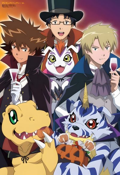 an anime poster with many different characters and their name in the middle one is holding a wine glass Digimon Halloween Renamon X Takato, Digimon The Movie, Digimon Adventure Season 3, gray