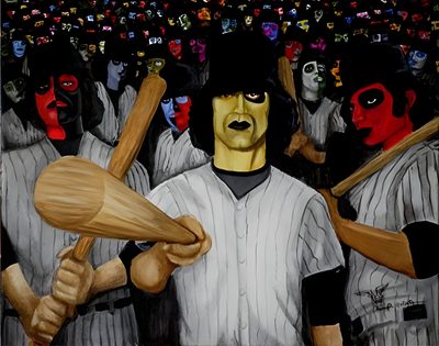 a painting of a baseball player holding a bat in front of a crowd of people Baseball Halloween Baseball Furies Makeup, The Shining Baseball Bat, Baseball Furies Tattoo, dark olive green