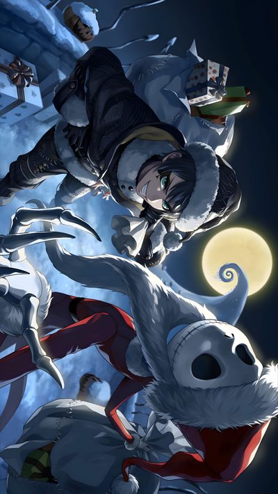 an image of two people riding on the back of some white animals in front of a full moon Twisted Wonderland Halloween Twisted Wonderland Jack Cards, Oogie Boogie Twisted Wonderland, Deuce, dark slate gray