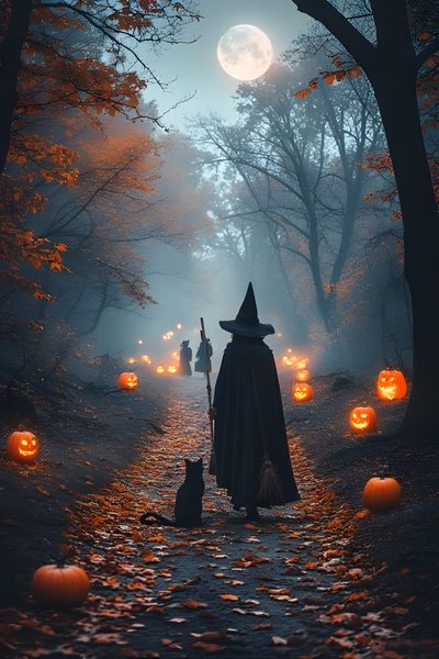 a group of people walking down a road with pumpkins on the ground and one person dressed as a witch Halloween Season Of The Witch Spooky Halloween Scene, Halloween Scenery Pictures, Witches Road Aesthetic, dark slate gray