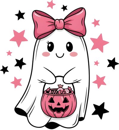a cartoon ghost with a pumpkin bowl in its hand and stars around it, as well as the words happy halloween Happy Halloween Pink Free Svg Stickers, Cute Halloween Images, Halloween 3, Ghost Crafts, Ghost Cartoon, white