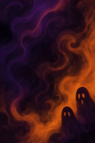 two ghost like figures in front of an orange and purple background with stars on it Purple And Orange Halloween Purple And Orange Halloween Aesthetic, Spooky Background, Halloween Backgrounds, black