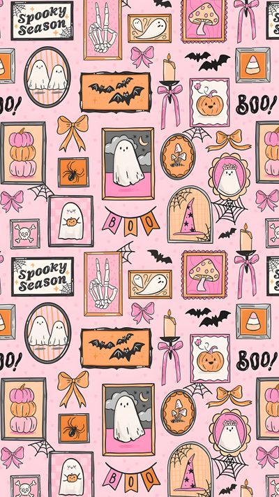 a halloween themed wallpaper with pictures and bats on it's pink back ground Pastel Halloween Phone Halloween Iphone Backgrounds, Halloween Cute, Fondos De Pantalla Para Samsung Galaxy, pink