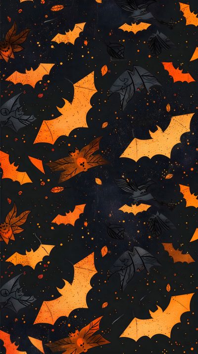 an orange and black background with leaves on it Halloween Bat Iphone Halloween Backgrounds, Iphone Love, Phone Screen, Cute Bat, Halloween, black