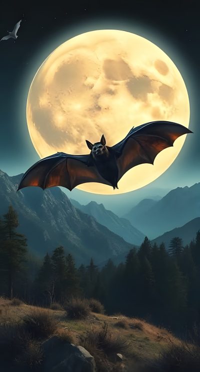 a bat flying in front of a full moon with mountains and trees behind it, Halloween Flying Monster Bat Photo, Scardey Bat, Bats Flying In The Night, dark slate gray