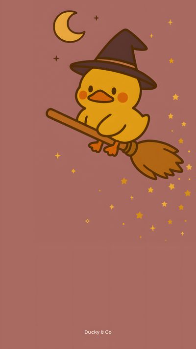 a little yellow bird with a witches hat and broom flying in the air over stars Cute Halloween Duck Halloween Duck Pfp, Cute Duck Christmas, Cute Christmas Duck, Cute Killer Duck, indian red