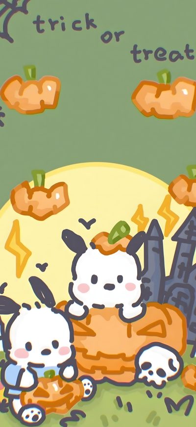 an image of some cartoon characters playing with pumpkins Pochacco Halloween Halloween, Snoopy, dark sea green