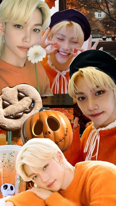 two girls in halloween costumes with pumpkins and jack - o'- lantern faces Felix Halloween Skz Thanksgiving, Skzoo Fall, Stray Kids Thanksgiving, Stray Kids Fall, peru