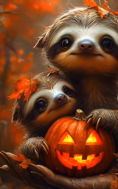 two sloths sitting on top of a carved pumpkin Halloween Sloth Thanksgiving Sloth, Fall Sloth, Halloween Animal Pictures, Halloween Sloth, saddle brown