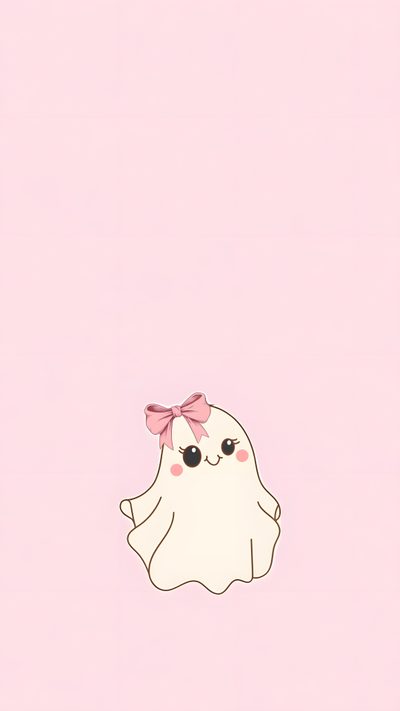 a ghost with a pink bow on its head is standing in front of a pink background Light Pink Halloween Horror Cute, Pink Ghosts, Cute Ghost Aesthetic, Pink Ghost, Ghost Pictures, misty rose