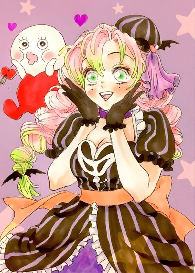 a drawing of a girl with pink hair and green eyes wearing a black and white striped dress Mitsuri Halloween Mitsuri Halloween Pfp, Halloween Mitsuri Pfp, Mitsuri Halloween, silver