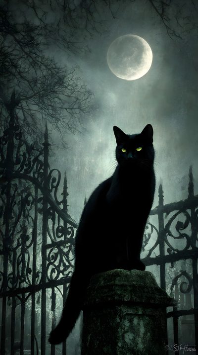 a black cat sitting on top of a stone pillar in front of a fence with a full moon behind it Black Cat Halloween Spooky Cat Background, Black Cat Halloween Spooky, Halloween Black Cats, dark slate gray