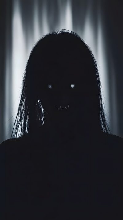 a person with long hair and glowing eyes in the dark, behind them is a curtain Halloween Scary Aesthetic Scary Scary, Scary Face For, Scary Face, Scary, 4k Haunted Background, black