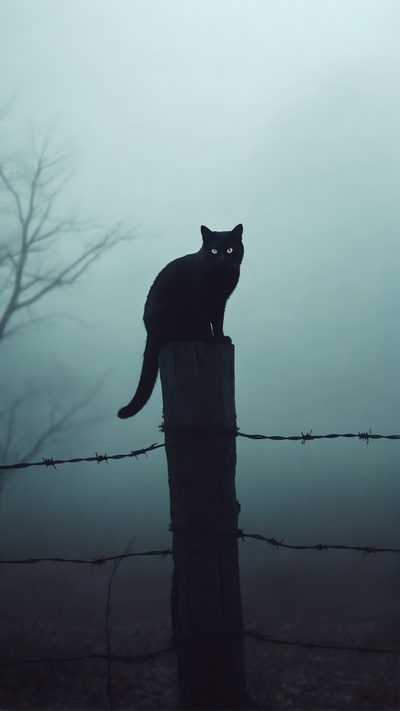 a black cat sitting on top of a wooden post in the foggy woods, Creepy Black Cat Halloween Witchy Vibes, Cat In Fog, Black Cat Aesthetic, slate gray
