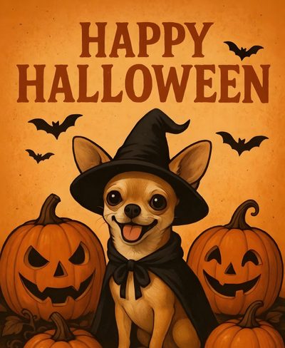 a dog wearing a witches hat and sitting in front of pumpkins with the words happy halloween Halloween Chihuahua Chihuahua Jack O Lantern, Witchy Vibes, Dia De Los Muertos, chocolate