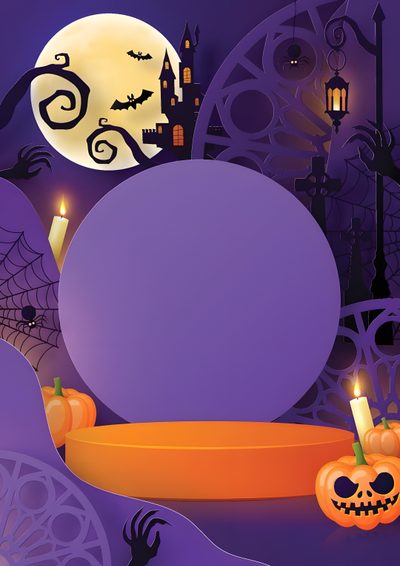 a halloween scene with pumpkins and candles Halloween Podium Halloween Standee Design, Halloween Podium, Background Design For Halloween, dim gray