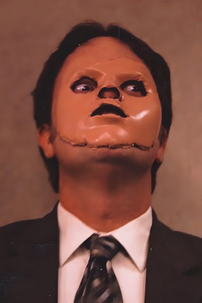a man in a suit and tie with his face painted like a human head wearing a fake mask Dwight Halloween Dwight Schrute Profile Picture, Dwight Halloween, The Office Dwight, sienna
