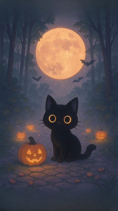 a black cat sitting in front of a full moon with pumpkins on the ground Cute Halloween Black Cat Cute Halloween Cat Background, Cute Halloween Black Cat, Halloween Cat Background, dark slate gray