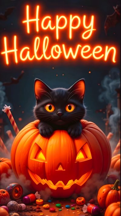 a black cat sitting on top of a pumpkin with the words happy halloween written above it Happy Halloween Spirit Halloween Happy Halloween Images, Happy Halloween Pictures, Halloween Cute, saddle brown