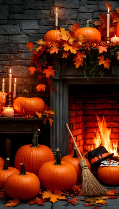 a fireplace decorated for halloween with pumpkins and candles Halloween Fireplace Halloween, Color, maroon