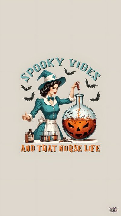 a woman in a witch costume is holding a flask with booze on it and the words spooky viress and that nurse life Halloween Nurse Funny Halloween Greeting Cards, Halloween Nurse Illustration, Halloween Party Decor Ideas, light gray