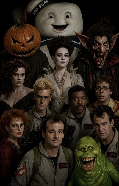 a group of people standing next to each other in front of a ghost and pumpkin Ghostbusters Halloween Ghostbusters 1, Ghostbusters Movie, Harry Potter Cartoon, Horror Monsters, black