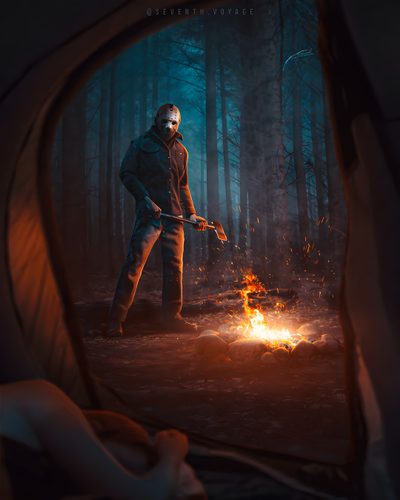 a man standing next to a campfire in the woods at night with a flashlight Camp Crystal Lake Halloween Friday The 13th Jason, Jason Voorhees Halloween, Michael Myers Jason Voorhees, black
