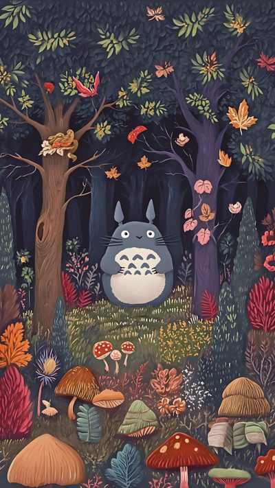 a totoro in the forest surrounded by mushrooms Totoro Halloween Totoro Mushroom, Miyazaki, Studio Ghibli, Totoro Fall, Mushroom Aesthetic, dark slate gray